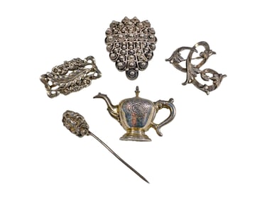 4 Sterling 925 Brooches & 1 Pin