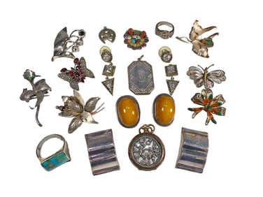 Set of 19 Sterling 925 Brooches, Rings & Earings