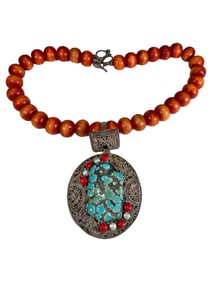 Vintage Indian Sterling, Turquoise & Seeds Necklace