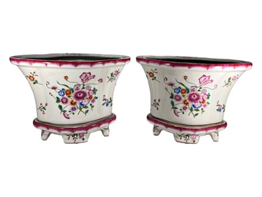 2 Chinese Porcelain Planters with Saucers