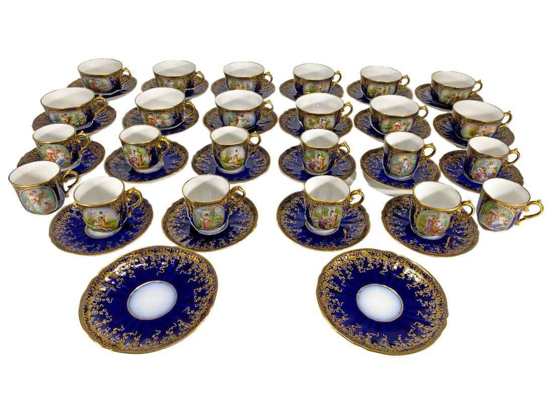 Antique Limoges, France 48 pcs Porcelain Set: Antique Limoges, France Hand Painted 48 pcs Porcelain Set. 12 Tea Cups: 1 7/8 x 3/8 x 4 1/4 in. 14 Tea Plates: 5 5/8 in diameter. 12 Coffee Cups: 2 1/4 x 3 x 3 1/4in. 10 Coffee Plates: 5 in diameter.2