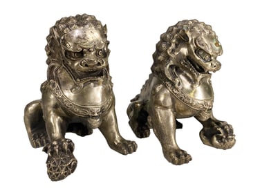 Chinese Pair of Silverplated Bronze Foodogs Statues