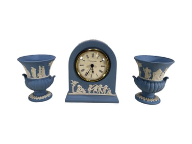 Set of 3 Wedgwood, England Porcelain Vases & Clock