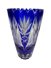 Czech Blue Cut to Clear Crystal Vase