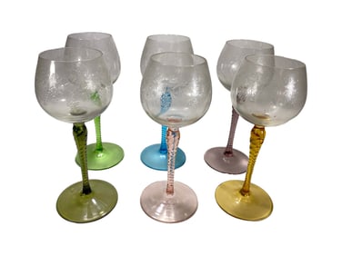 6 Vintage Grapes Engraved Colorful Wine Glasses