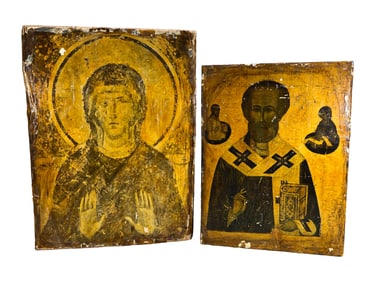 2 Antique Russian Paper Prints over Wood Icons