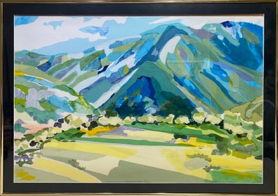 Mountains View Gouache Painting, signed