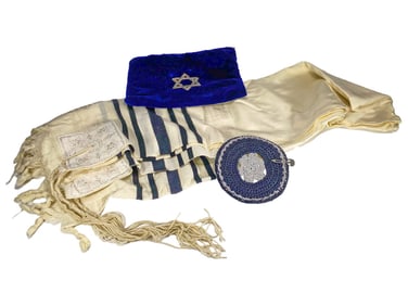 Judaic Tallit & Kippah in Navy Velvet Bag