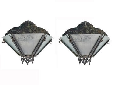 Antique Pair of Cast Iron & Glass Wall Sconces