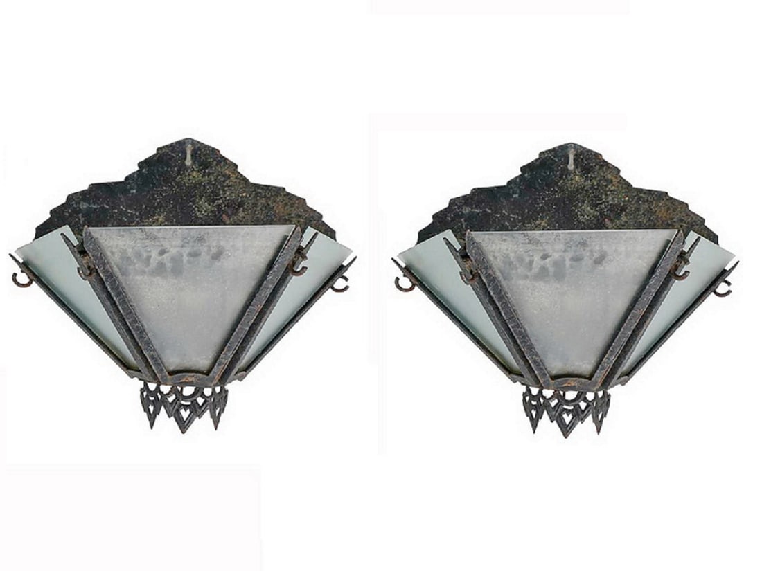 Antique Pair of Cast Iron & Glass Wall Sconces (1 of 9)