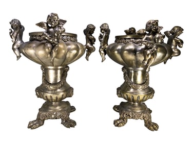 Large Pair of Cherubs Silverplated Bronze Urns