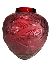Signed R. Lalique Archers Red Glass Vase Copy
