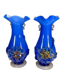 Vintage Pair of Hand Blown Murano Glass Vases