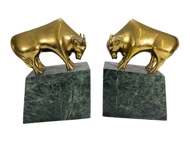 Pair of Bronze & Marble Bull Bookends