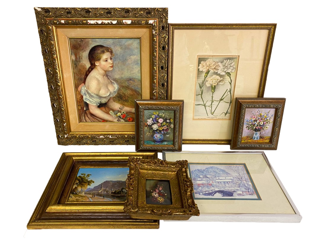 Lot of 6 Prints & 1 Miniature Painting: Lot of 6 Prints & 1 Miniature Painting. painting: 7 3/8 x 6 1/2 x 1 1/2 in. Prints: 6 7/8 x 5 7/8 x 7/8 in, 10 3/8 x 11 3/4 x 1 in, 9 1/2 x 12 3/8 x 7/8 in, 14 7/8 x 11 3/4 x 1/2 in and 16 1/2 x 14 1/