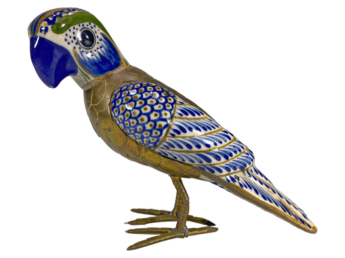 Sergio Bustamante Porcelain & Brass Parrot: Sergio Bustamante Porcelain & Brass Parrot. 6 7/8 x 7 1/2 x 3 1/2 in.Good condition. Local Pick up call one day before to make an appointment. TO SHIP THIS ITEM IN USA OR INTERNATIONAL, PLEASE CONTACT