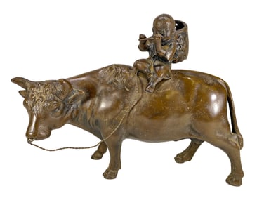 Antique Japanese Boy Riding a Bull Bronze Statue