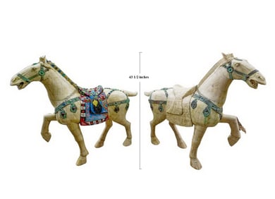 2 Large Tessellated Bone & Glass Horses Statues