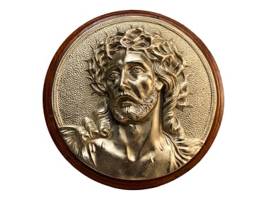 Antique Gilt Spelter & Wood Jesus Plaque