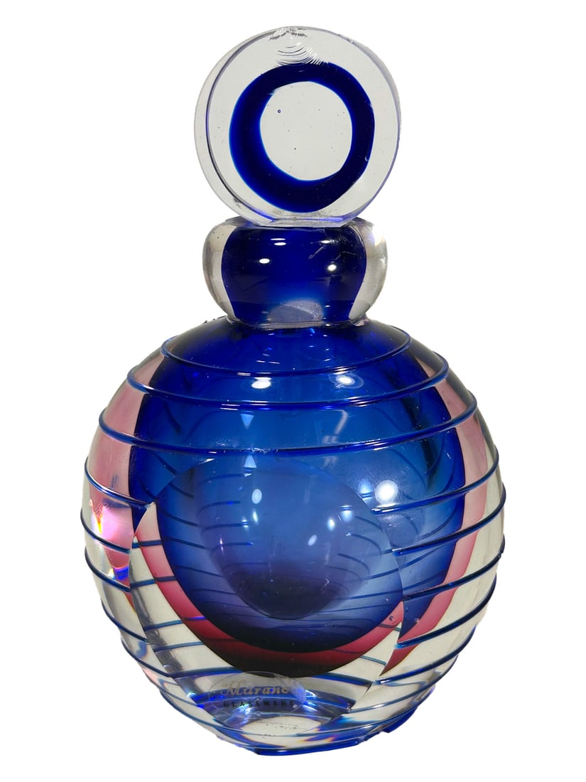 Murano Blue Glass Perfurm Bottle: Murano Blue Glass Perfurm Bottle. 6 1/4 x 4 x 2 3/4 in.One chip & lid stuck, is not open. Local Pick up call one day before to make an appointment. TO SHIP THIS ITEM IN USA OR INTERNATIONAL, PLEASE CO
