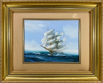 Vintage Oil on Canvas Ship Painting, signed
