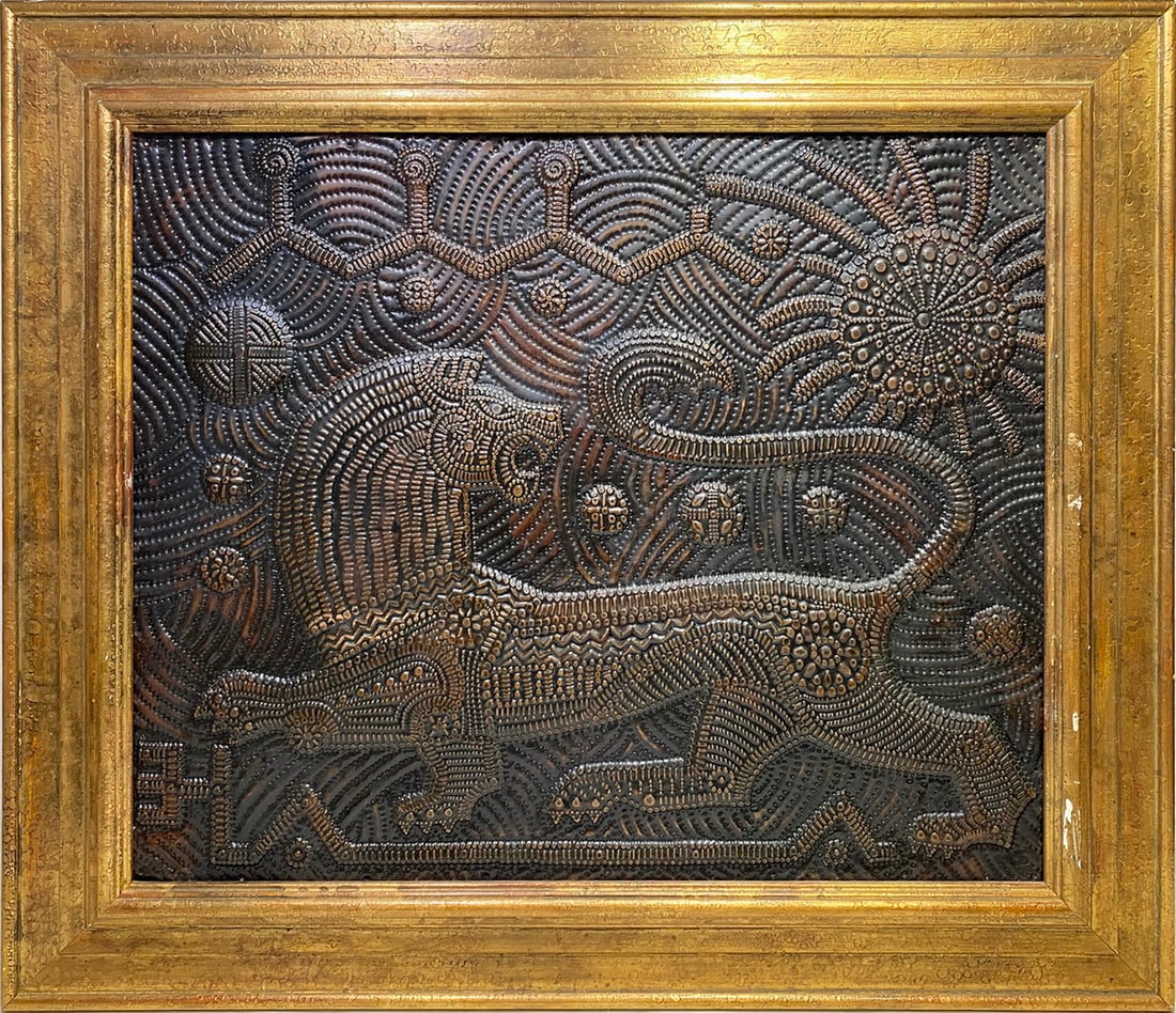 Vintage High Relief Lion Copper Panel: Vintage High Relief Lion Copper Panel. 26 1/4 x 30 1/8 x 1 1/2 in framed.Good condition. Local Pick up call one day before to make an appointment. TO SHIP THIS ITEM IN USA OR INTERNATIONAL, PLEASE CON
