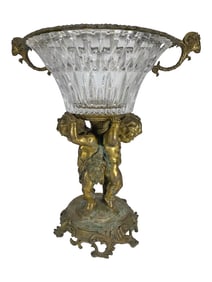 Antique Bronze & Crystal Ram Head Centerpiece