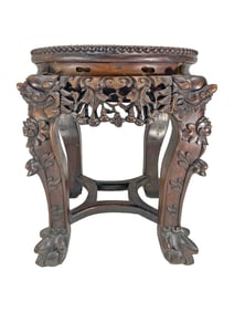 Antique Chinese Carved Wood & Marble Small Pedestal