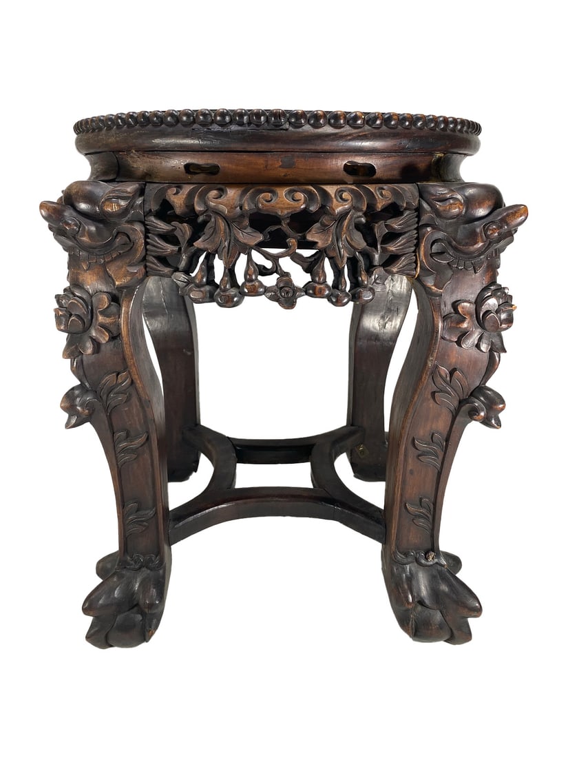 Antique Chinese Carved Wood & Marble Small Pedestal (1 of 14)