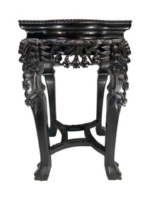 Antique Chinese Carved Wood & Marble Small Pedestal