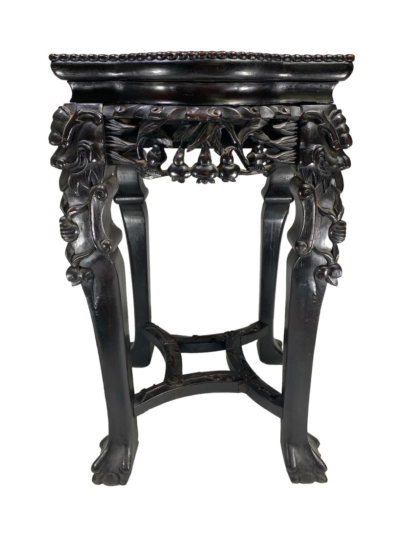 Antique Chinese Carved Wood & Marble Small Pedestal (1 of 9)