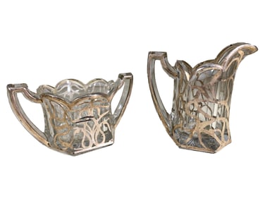 2 Glass Silver Overlay Creamer & Sugarpot