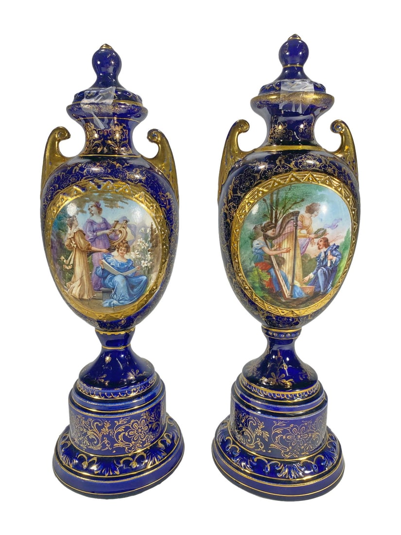 JS Austria, Pair of Blue Cobalt Porcelain Urns: JS Austria, Pair of Blue Cobalt Porcelain Urns. 11 1/4 x 3 1/4 in.Good condition. Local Pick up call one day before to make an appointment. TO SHIP THIS ITEM IN USA OR INTERNATIONAL, PLEASE CONTACT TH