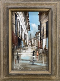 Vintage Oil on Canvas Cityscape Painting, signed
