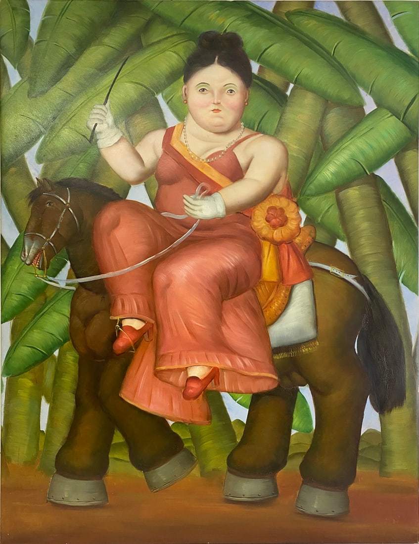 After Fernando Botero Oil on Canvas Painting: After Fernando Botero Oil on Canvas Painting, made by anonymous artist. 48 x 36 in.Good condition. Local Pick up call one day before to make an appointment. TO SHIP THIS ITEM IN USA OR INTERNATIONAL,