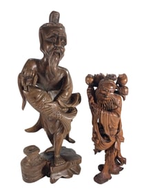 2 Chinese Inmortals Carved Wood Sculptures