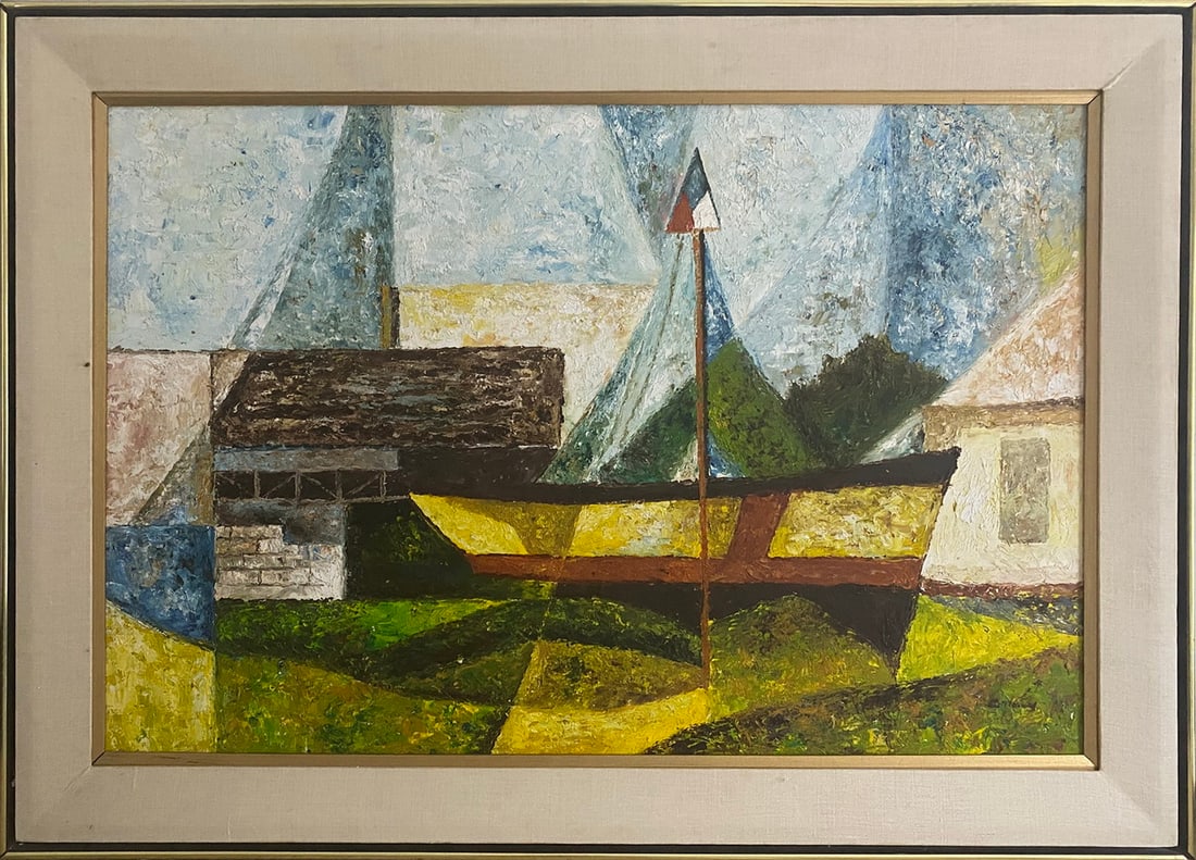 Modern Oil on Canvas Boat Painting, signed: Modern Oil on Canvas Boat Painting, signed. 30 5/8 x 42 5/8 x 1 5/8 in framed. 24 x 36 in unframed.Good condition. Local Pick up call one day before to make an appointment. TO SHIP THIS ITEM IN USA OR