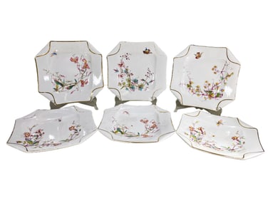 Vintage Set of 6 Octagonal Hand Painted Porcelain Dishes