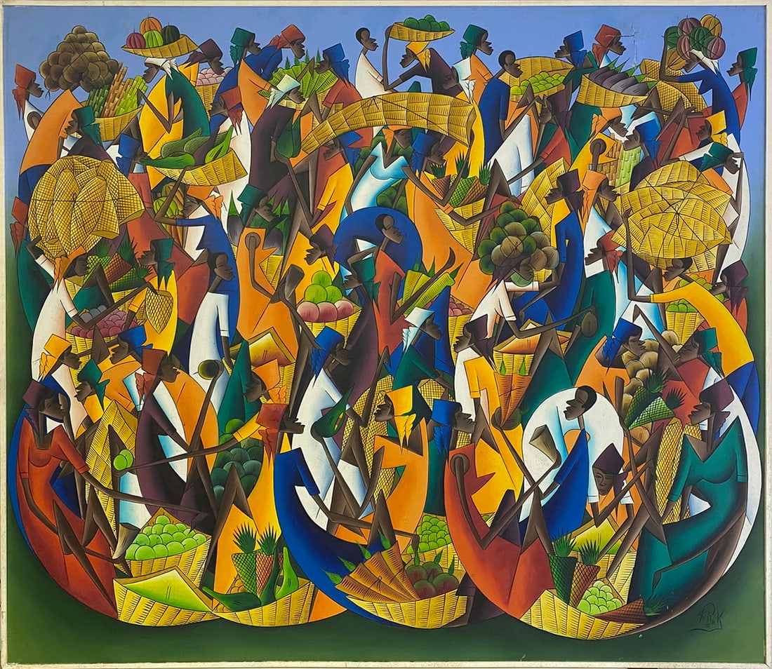 Fritz ROCK (1944) Haitian Painting: Fritz ROCK (1944) Haitian Painting. 62 x 71 3/4 x 2 5/8 in.One damage. Local Pick up call one day before to make an appointment. TO SHIP THIS ITEM IN USA OR INTERNATIONAL, PLEASE CONTACT THE SHIPPERS