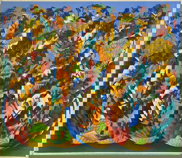Fritz ROCK (1944) Haitian Painting: Fritz ROCK (1944) Haitian Painting. 62 x 71 3/4 x 2 5/8 in.One damage. Local Pick up call one day before to make an appointment. TO SHIP THIS ITEM IN USA OR INTERNATIONAL, PLEASE CONTACT THE SHIPPERS
