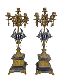 Antique French Pair of Bronze & Marble Candellabras