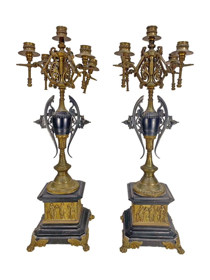 Antique French Pair of Bronze & Marble Candellabras: Antique French Pair of Bronze & Marble Candellabras. 26 x 8 1/4 x 8 1/4 in.One arm broken and reglued. Local Pick up call one day before to make an appointment. TO SHIP THIS ITEM IN USA OR INTERNATION