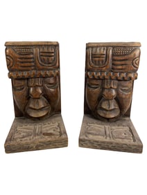 Hand Carved Wood Mayan Aztec Bookends