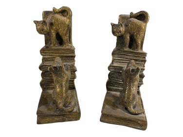 Vintage Fox Terrier Chasing Cat Bronze Bookends