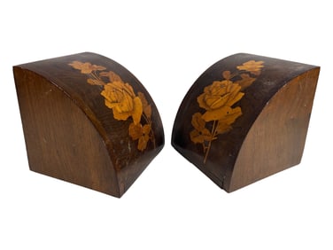 Vintage Marquetry Inlay Wood Bookends