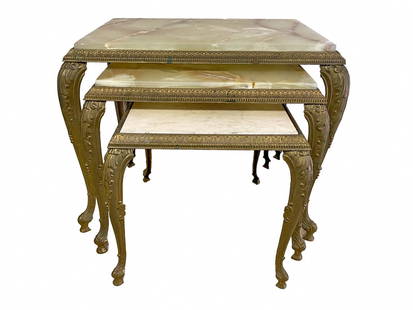 Set of 3 Bronze, Onyx & Marble Side Tables: Set of 3 Bronze, Onyx & Marble Side Tables. 17 1/4 x 22 x 14 1/8 in the Bigger. 15 x 18 x 14 1/8 in the Medium and 12 3/4 x 14 1/8 x 14 1/8 in the Smaller.Good condition. Local Pick up call one day be