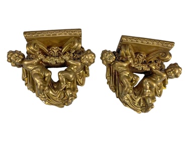 Vintage Pair of Gilt Plaster Cherubs Brackets