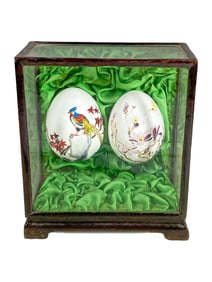 Vintage Chinese Hand Painted Eggs in an Small Vitrine