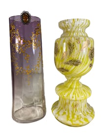 2 Vintage Czech Hand Painted Glass Vases