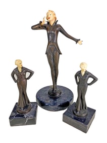 French Set of 3 Art Deco Metal & Marble Statues